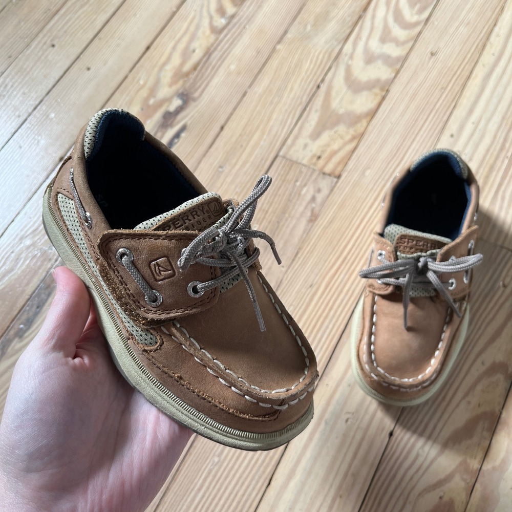 Sperry Lanyard A/C Boat Shoe Boys 11M Brown Leather Mesh Hook Loop Loafer casual